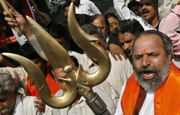 An activist of the Rashtrawadi Sena, a hardline Hindu group, at a protest rally in New Delhi