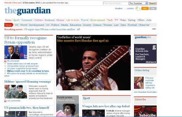 Screeenshot of London-based Guurdian newspaper's home page