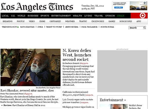 Screenshot of the Los Angeles Times newspaper home page