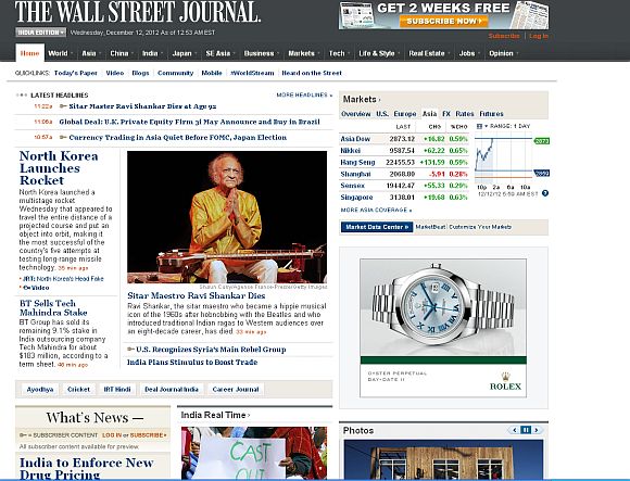 Screenshot of The Wall Street Journal newspaper home page