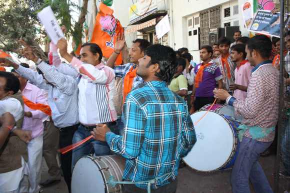 BJP workers begin celebrations outside the party HQ