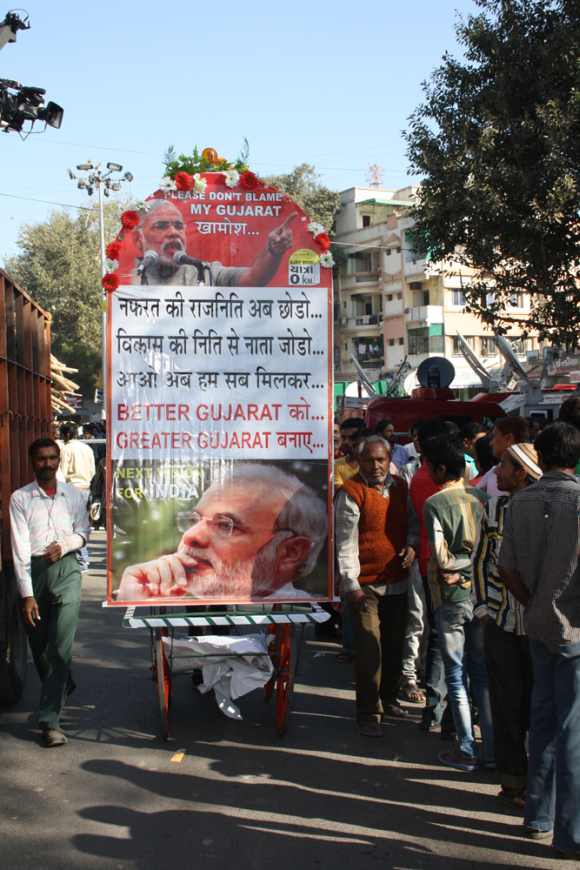 An decorated handcart outside the BJP HQ