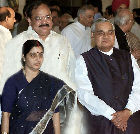 Former prime minister Atal Bihari Vajpayee with senior BJP leaders M Venkaiah Naidu and Sushma Swaraj