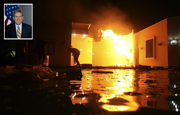 The US consulate in Benghazi is seen in flames during a protest by an armed group said to have been protesting a film being produced in the United States. (inset) J Christopher Stevens