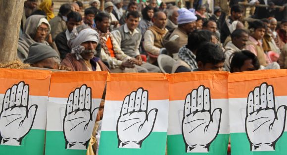 Supporters of Congress attend a campaign rally in Gorakhpur