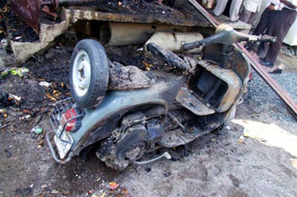 The debris of a scooter at the blast site in Nanded, Maharashtra