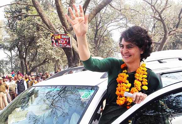Priyanka Gandhi waves to her supporters