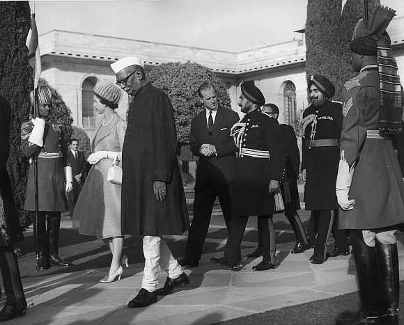 Queen Elizabeth II with Indian President Rajendra Prasad and Prince Philip at a reception at Rashtrapati Bhavan on January 27, 1961, after the Republic Day Parade during the royals' visit to India