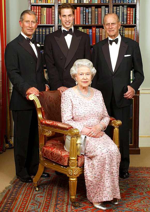Three generations of Britain's Royal family, Queen Elizabeth II and her husband, the Duke of Edinburgh (right top ), their oldest son, the Prince of Wales (left top), and his oldest son, Prince William, pose for a photograph at Clarence House in London