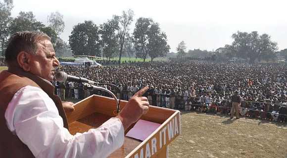 SP chief Mulayam Singh Yadav addresses a rally in Etawah, Uttar Pradesh
