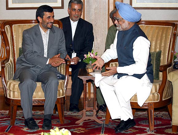 A file photo of Iranian President Mahmoud Ahmadinejad with Prime Minister Manmohan Singh