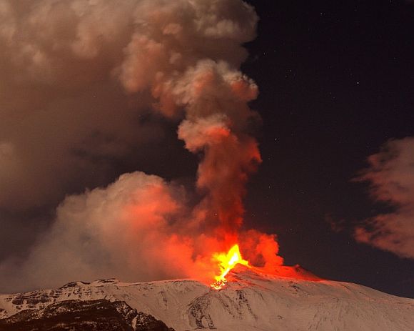 Mount Etna spews lava on the southern Italian island of Sicily