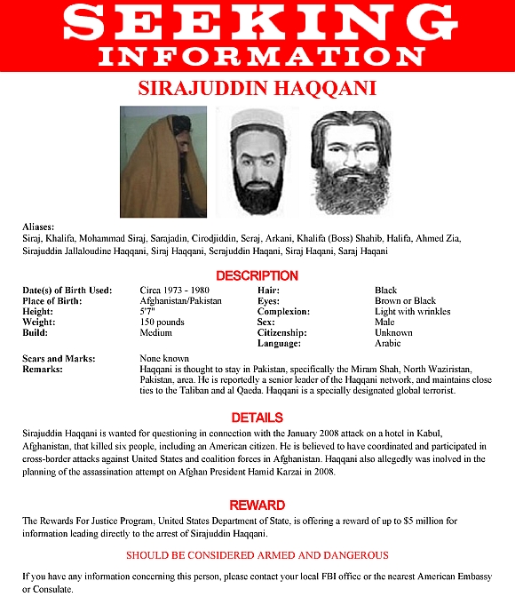 The wanted poster issued by Federal Bureau of Investigation for Sirajuddin Haqqani