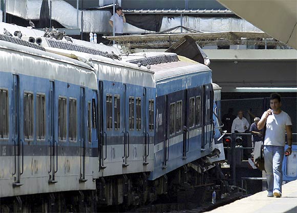 A commuter train that crashed into the Once train station at rush hour when its brakes failed, is seen in Buenos Aires