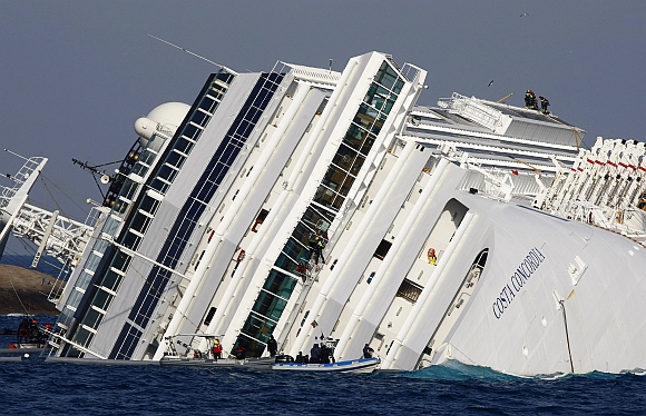 The cruise liner Costa Concordia, which ran aground off the west coast of Italy on January 13, 2012