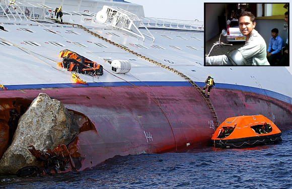 Rescue workers on the capsized Costa Concordia. Inset: Mayur Kadam