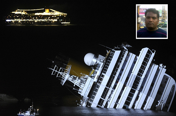 The Costa Serena sails by as its sister ship, the Costa Concordia, lies on its side. Inset: Ravi Kumar