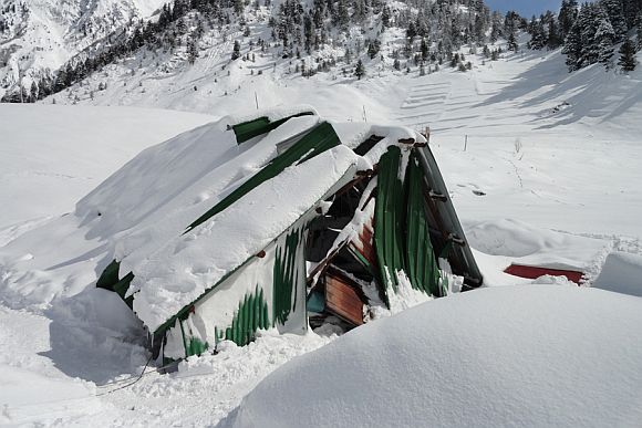An army camp damaged by the avalanche at Sonamarg on Monday