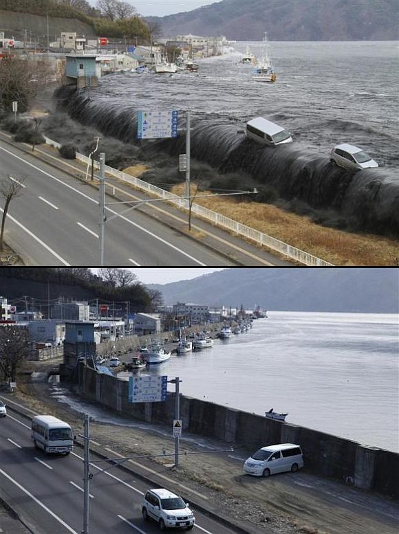 (Above) A wave from the tsunami crashes over a seawall in Miyako, Iwate Prefecture, March 11. (Below) The seawall today