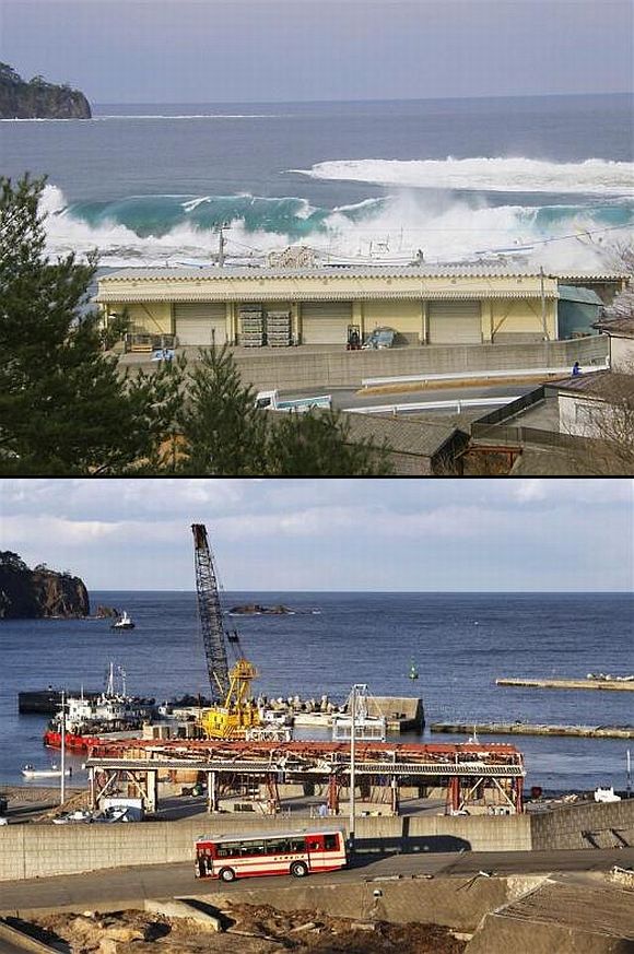 (Above) A wave from the tsunami crashes over a fishing port in Miyako, Iwate Prefecture (Below) The fishing port today