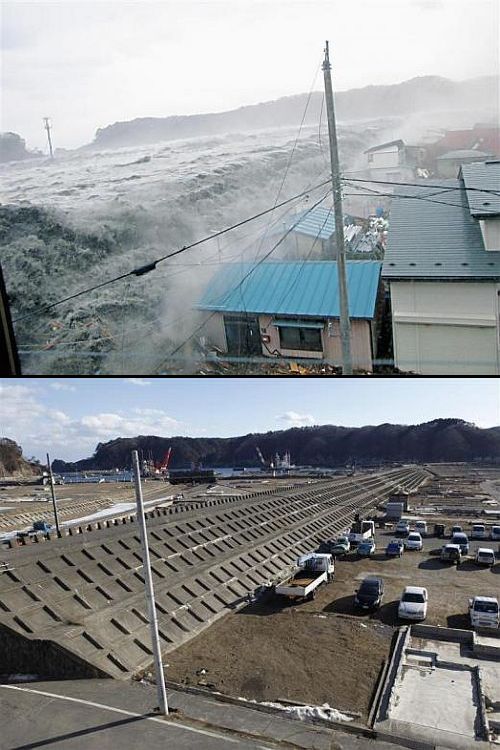 (Above) A wave from the tsunami crashes over a seawall in Miyako, Iwate Prefecture (Below) The seawall today