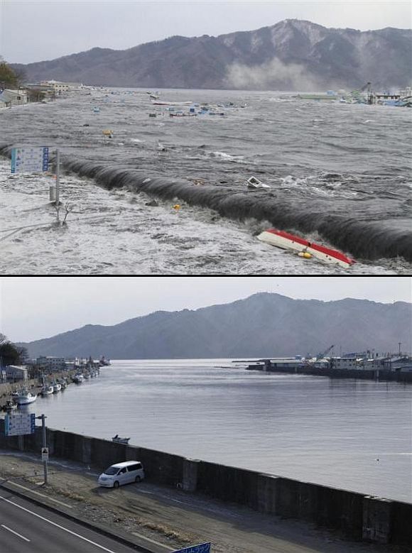 (Above) A wave from the tsunami crashes over a street in Miyako, Iwate Prefecture (Below) The street and seawall today