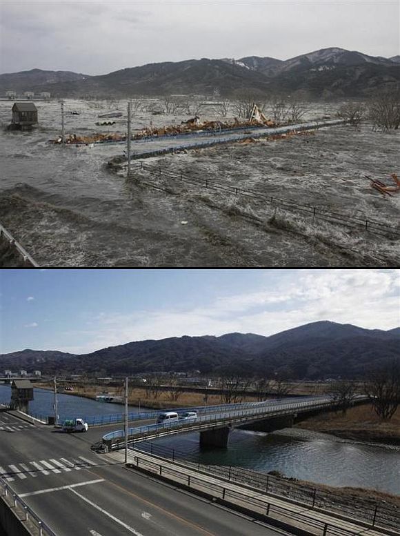 (Above) A wave from the tsunami flows over a street and a bridge in Miyako, Iwate Prefecture (Below) The bridge and street today
