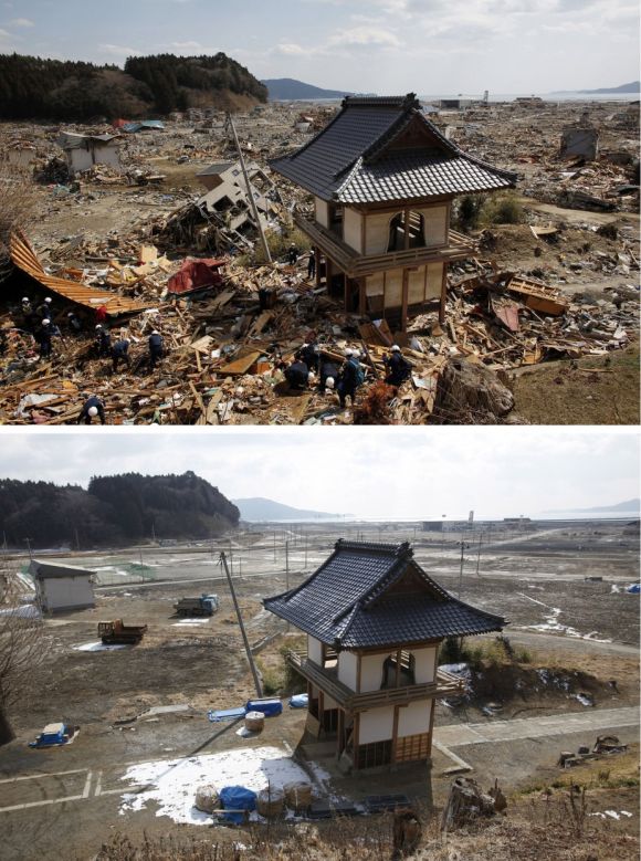 A combination photograph shows the same location in Rikuzentakata, Iwate prefecture on two different dates, March 19, 2011 (top), and February 19, 2012 (bottom). The top photograph shows emergency workers searching through debris after the magnitude 9.0 earthquake and tsunami, the bottom photograph shows the same location almost a year later.