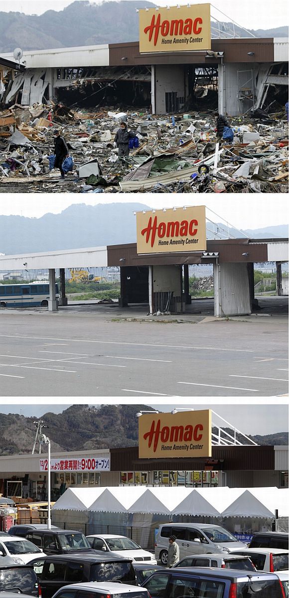A combination photograph shows the same location in Otsuchi, Iwate Prefecture, northeastern Japan on three different dates, March 15, 2011 (top), August 13, 2011 (centre) and February 18, 2012 (bottom). The top photograph shows a shop destroyed by the magnitude 9.0 earthquake and tsunami, the middle photograph shows the area around the shop after it was cleared of debris, and the bottom photograph shows the shop trading again in the same location almost a year later. The shop had reopened December 22, 2011.