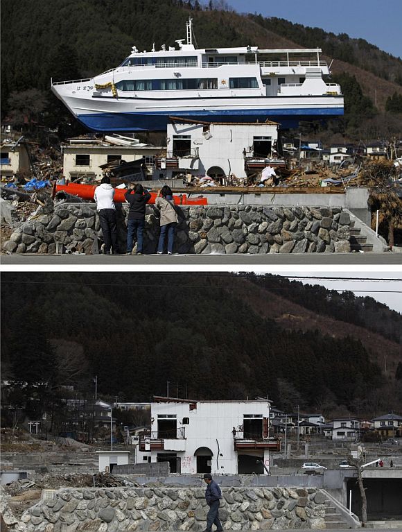 A combination photograph shows the same location in Otsuchi, Iwate Prefecture, northeastern Japan on two different dates, April 17, 2011 (top) and February 18, 2012 (bottom). The top photograph shows people taking pictures of a ship that was washed onto a building by the magnitude 9.0 earthquake and tsunami, the bottom photograph shows the same location almost a year later.