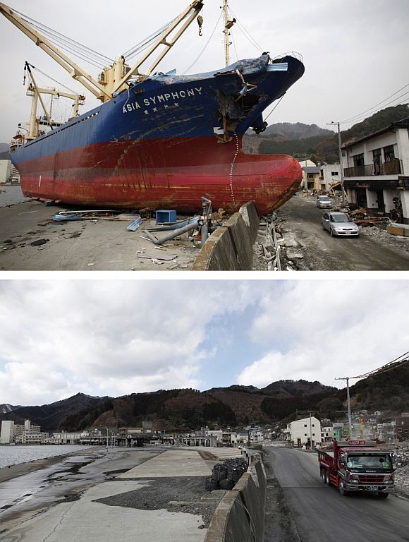 A combination photograph shows the same location at a fishing port in Kamaishi, Iwate prefecture on two different dates, April 11, 2011 (top) and February 18, 2012. The top photograph shows vehicles driving past the Asia Symphony cargo ship, swept ashore by the magnitude 9.0 earthquake and tsunami, the bottom photograph shows the same location almost a year later.