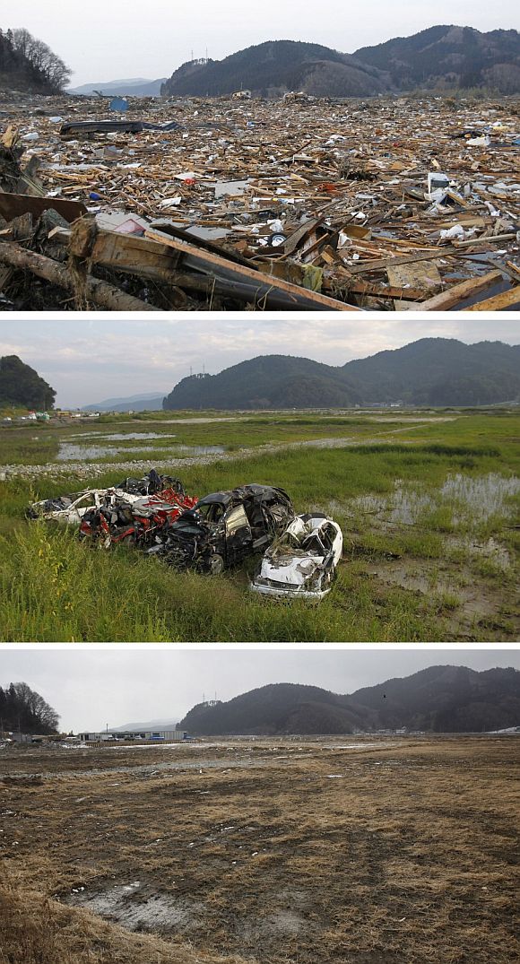 A combination photograph shows the same location in Rikuzentakata, northern Japan on three different dates, March 13, 2011 (top), September 9, 2011 (centre) and February 19, 2012 (bottom). The top photograph shows the devastation as rescue workers search for victims in the rubble after the magnitude 9.0 earthquake and tsunami, the centre photograph shows damaged cars, and the bottom photograph show the same location almost a year later.