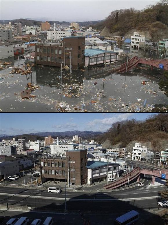 (Above) Streets flooded after the tsunami in Miyako, Iwate Prefecture. (Below) The area today