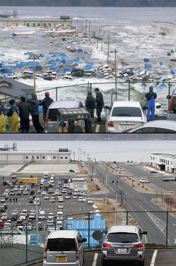 (Above) A tsunami wave crashes over a fishing port in Miyako, Iwate Prefecture (Below) The fishing port today