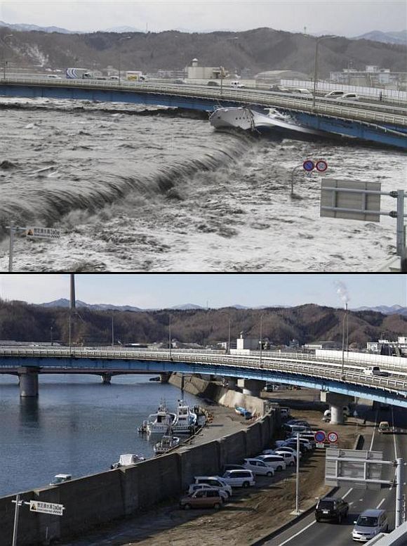 (Above) A wave from the tsunami flows over a street in Miyako, Iwate Prefecture (Below) A seawall and street today