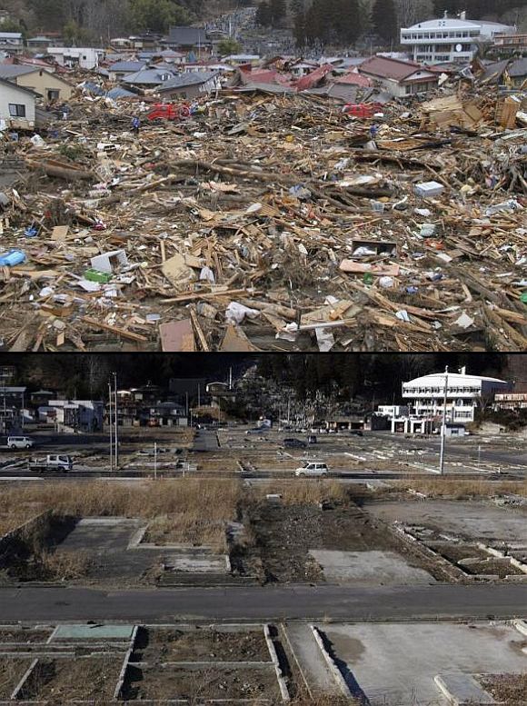 (Above) An area of devastation in Miyako, Iwate Prefecture, the day the tsunami hit (Below) The area today