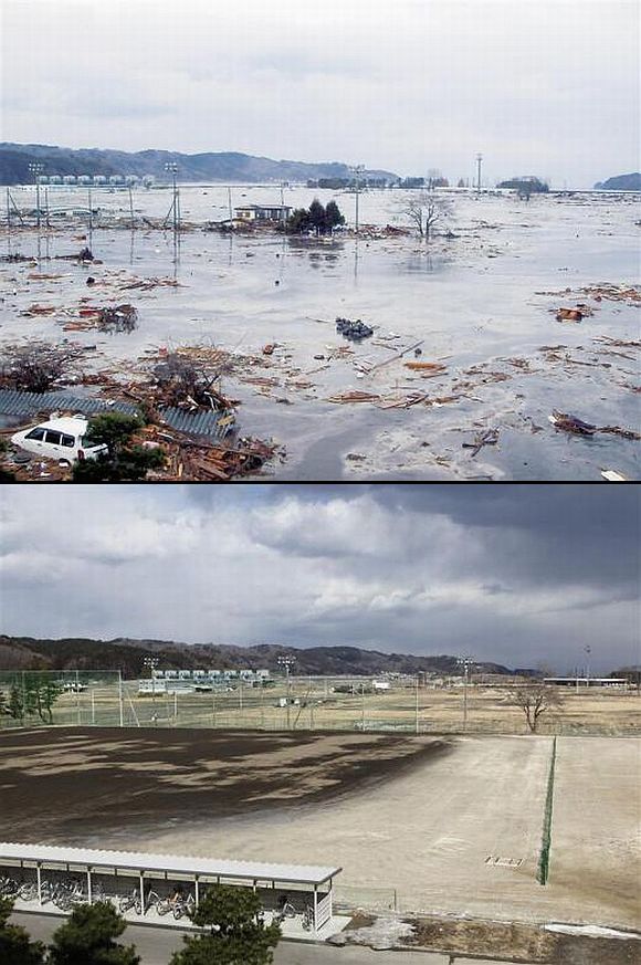 (Above) A wave from the tsunami crashes over school grounds in Miyako, Iwate Prefecture (Below) The school grounds today