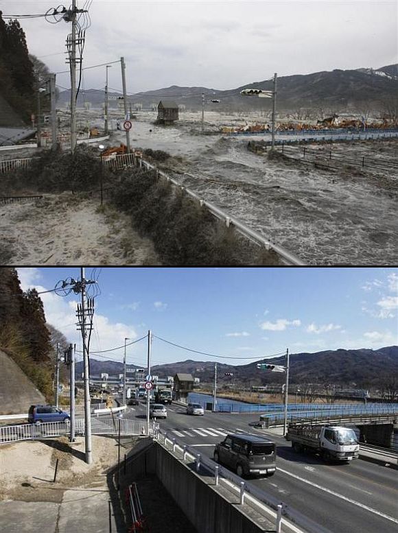 (Above) A wave from the tsunami flows over a street and bridge in Miyako, Iwate Prefecture (Below) The street and bridge today