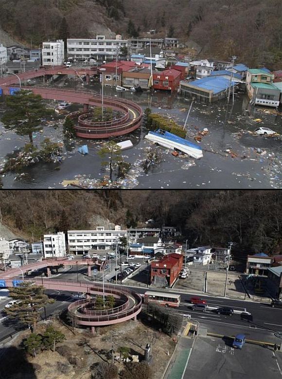 (Above) Streets flooded after the tsunami struck in Miyako, Iwate Prefecture (Below) The area today