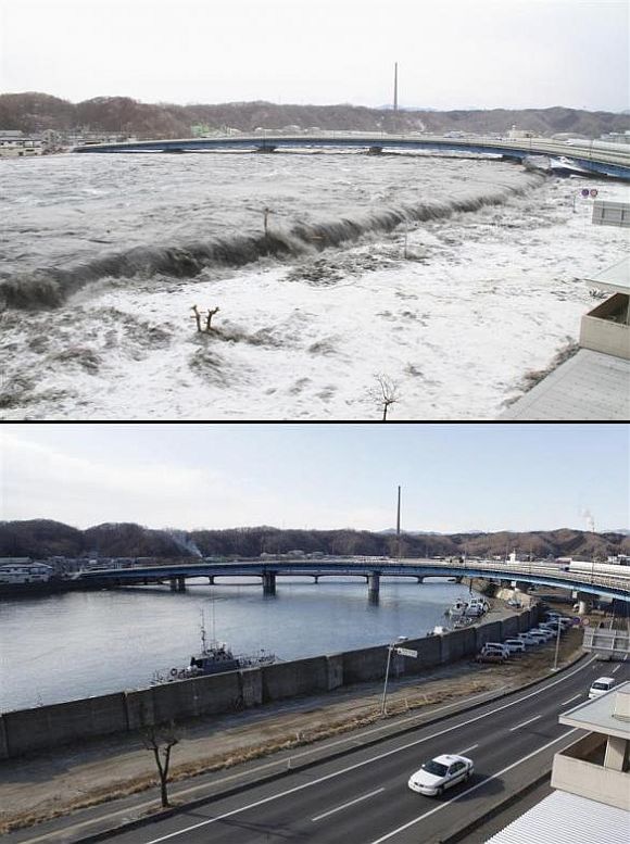 (Above) A wave from the tsunami flows over a street in Miyako, Iwate Prefecture (Below) The street and seawall today