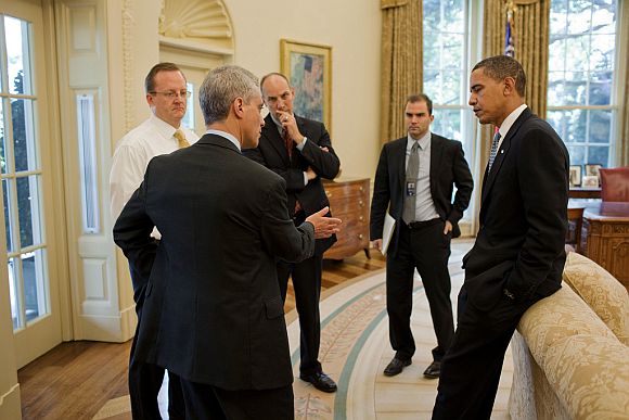 File photo shows President Barack Obama with former Chief of Staff Rahm Emanuel, Press Secretary Robert Gibbs, Assistant to the President for Legislative Affairs Phil Schiliro, and Deputy National Security Advisor for Strategic Communications Ben Rhodes