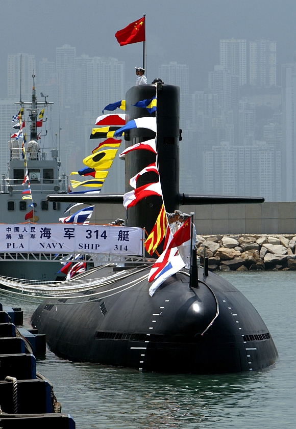 A Chinese naval submarine docks at the Ngong Shuen Chau naval base in Hong Kong