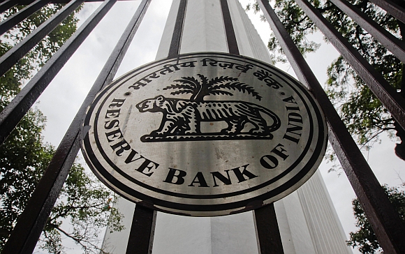 The Reserve Bank of India logo is pictured outside its head office in Mumbai.