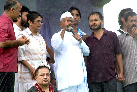 Lokpal Bill crusader Anna Hazare with his team in Mumbai