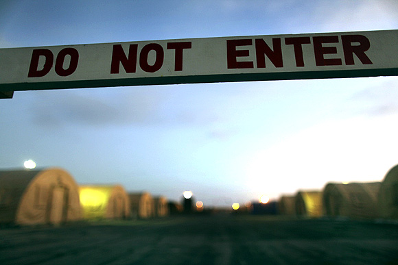 A sign marks a closed-off area, at Camp Justice, the location of the US Military Commissions court for war crimes, at Guantanamo Bay