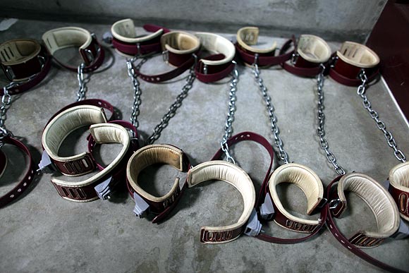 Leg shackles are seen on the floor at Camp 6 detention center, at the US naval base, in Guantanamo Bay