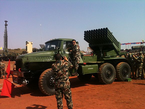 A multi-barrel rocket launcher seen at the Topchi Exrecise