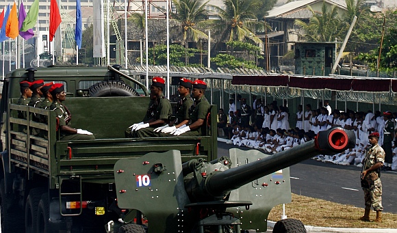 Sri Lankan army artillery gun is displayed during a rehearsal for the Independence Day celebration in Colombo