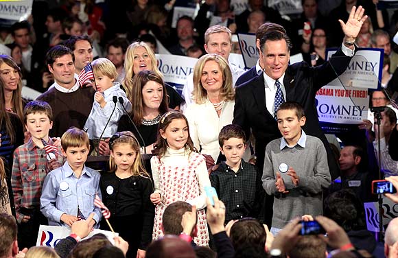 Republican presidential candidate and former Massachusetts Governor Mitt Romney at his New Hampshire primary night rally in Manchester, New Hampshire