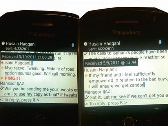 A video grab of the BlackBerry coversations of Husain Haqqani and Mansoor Ijaz